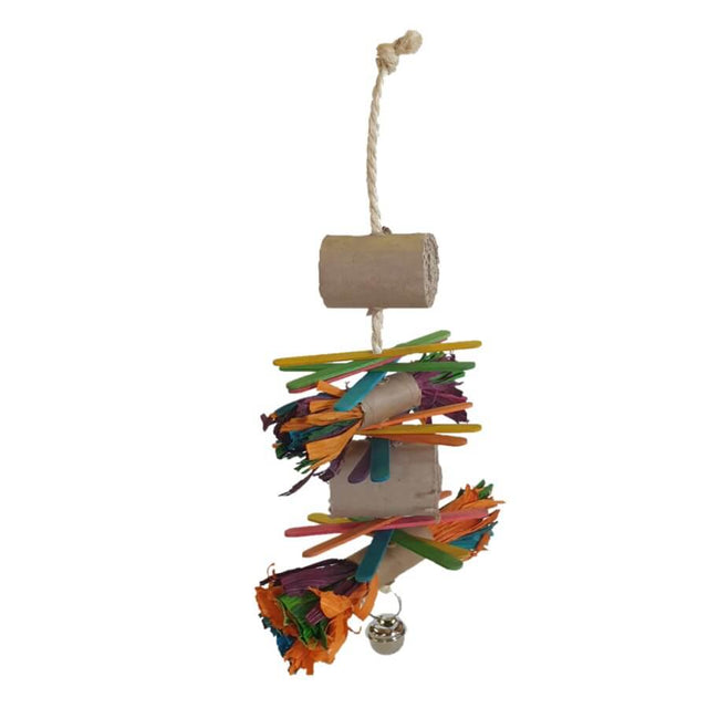Parrot Shredding Toy #8 – 310mm featuring colorful materials and bell for parrot play and stimulation.