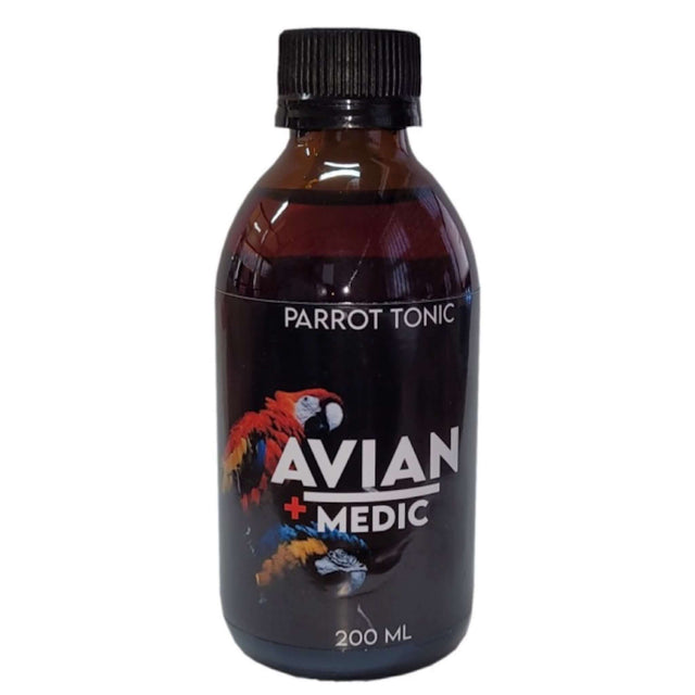 Avian Medic Parrot Tonic 200ml bottle for avian health and energy support with essential vitamins.