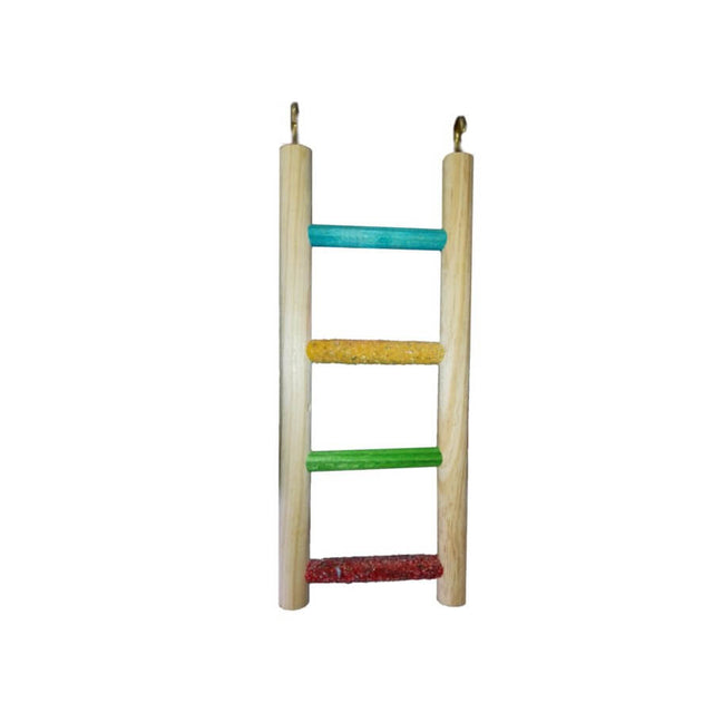 Parrot wooden ladder featuring sand perch steps in vibrant colors for nail maintenance and playtime stimulation.