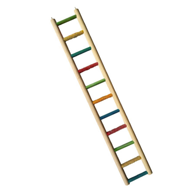 Wooden parrot ladder featuring colorful sand perch steps for nail maintenance and playtime stimulation.
