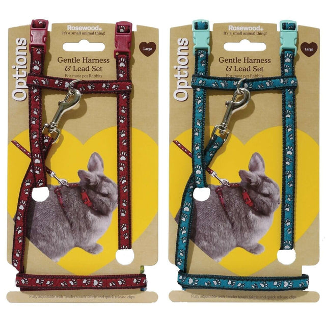 Paw Print Small Animal Harness and Lead Set in red and teal, designed for rabbits, ferrets, and guinea pigs.