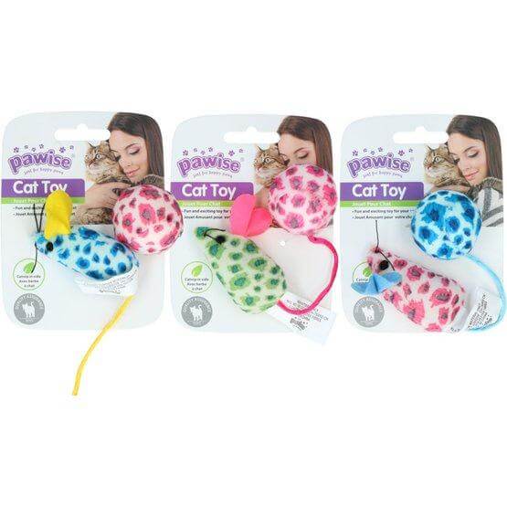 Pawise Cat Toy set featuring colorful mouse and ball designs, perfect for playful felines with catnip infusion.