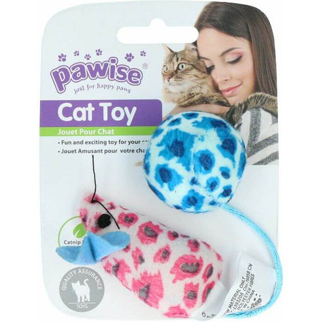 Cat toy set featuring a plush mouse and a ball, infused with catnip, designed for playful feline fun.