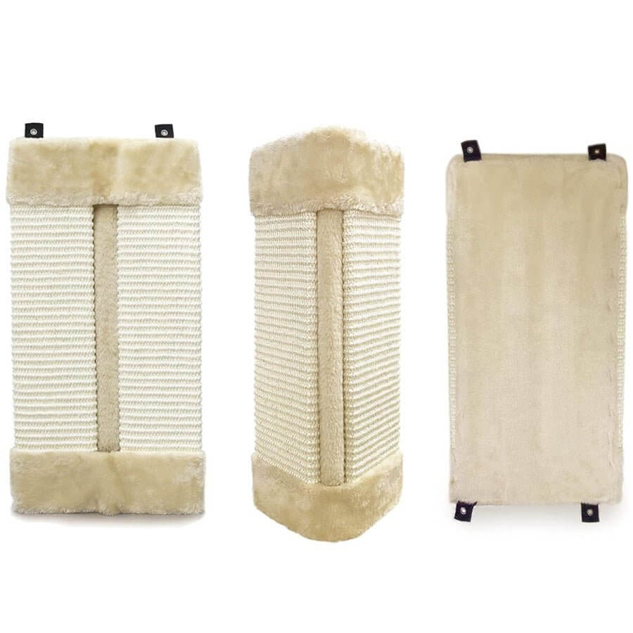 Pawise Corner Cat Scratcher in three views, showcasing its soft surface and durable scratching material, size 22 x 2 x 50cm.