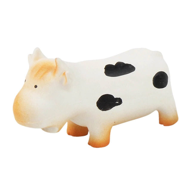 Pawise Cow Latex Squeaky Dog Toy in white and black colors, designed for fun squeaky play for dogs.