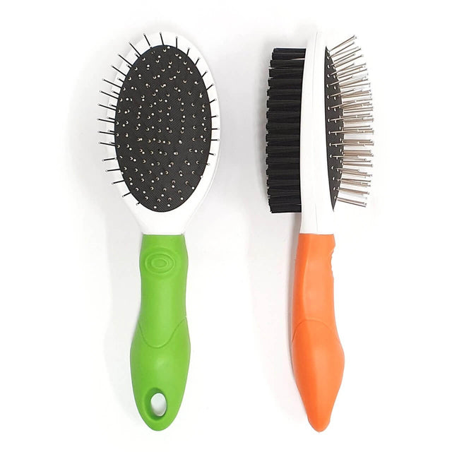 Pawise Dog Double Brush featuring ergonomic handles and dual brush sides for grooming and shining pet coats.