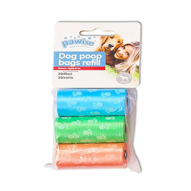 Pawise dog poop bag refill pack, three rolls with 20 bags each in blue, green, and orange for easy cleanup.