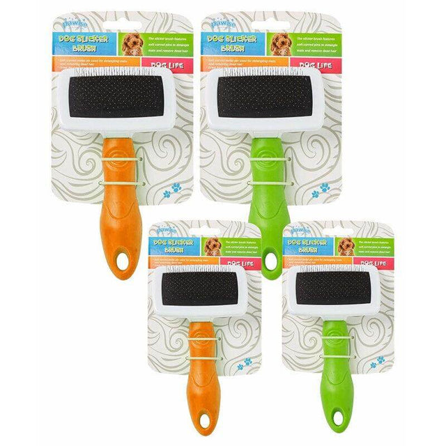 Set of Pawise dog slicker brushes in orange and green, designed for grooming medium, long, and curly haired dogs.