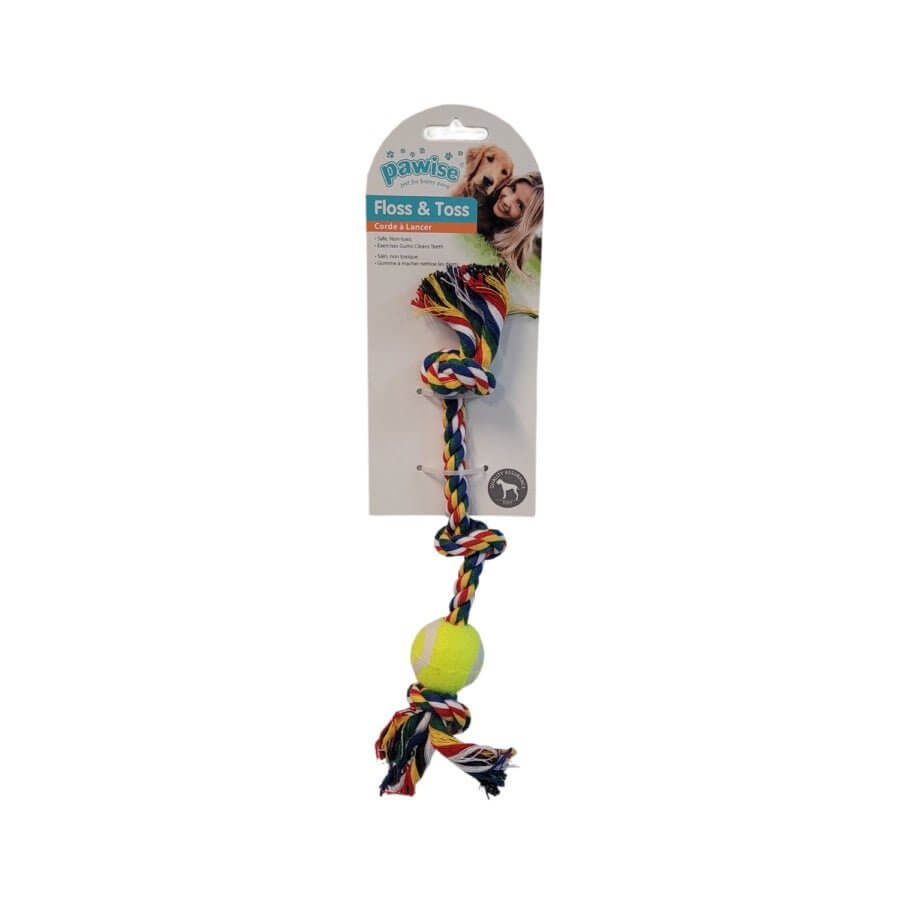 Pawise Floss & Toss Rope Bone with Knots and Tennis Ball for healthy dog play and dental care.