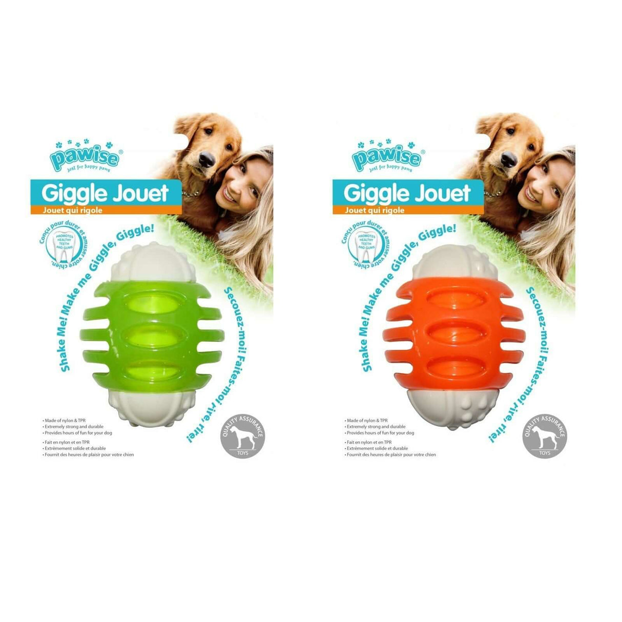 Pawise Giggle Jouet Ball in green and orange, durable dog toy with squawker for playful dogs. Perfect for fun and exercise.