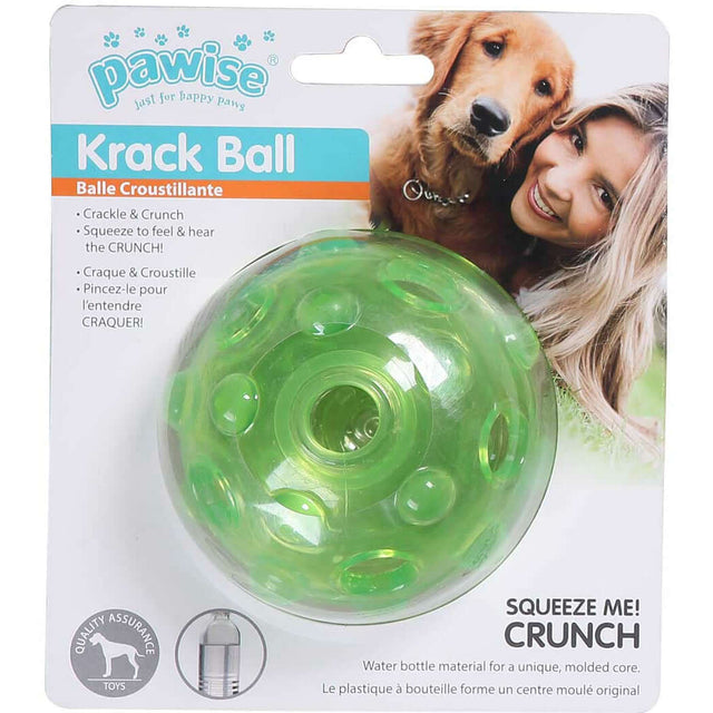 Pawise Krack Magic Dog Ball packaging with a green ball, showcasing its crunch feature for interactive pet playtime.