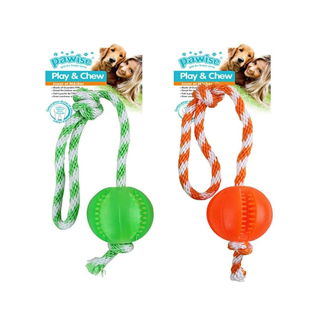Pawise Play N Chew Ball dog toys in green and orange with soft ropes for dental health and fun biting activity.