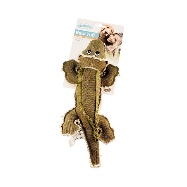 Pawise Real Tuff Crocodile plush dog toy with squeaker, designed for durability and comfort for pets.