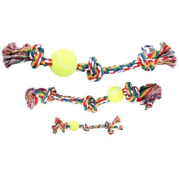 Colorful rope bone with knots and tennis ball, perfect for keeping dogs' teeth and gums healthy during playtime.