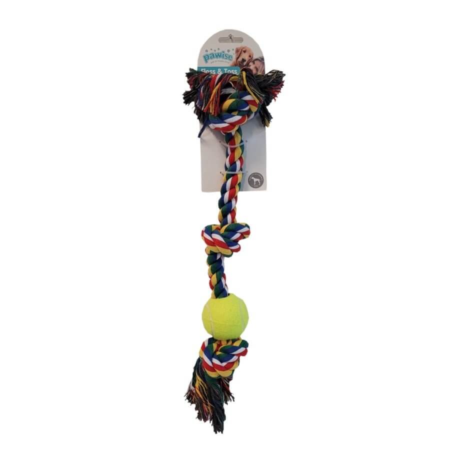 Pawise Rope Bone with Knots and Tennis Ball, durable dog toy for healthy teeth and gums, suitable for indoor and outdoor play.
