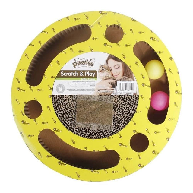 Pawise round cat scratcher with colorful balls, cardboard design for cat entertainment, dimensions 33.5 x 33.5 x 5.5 cm.