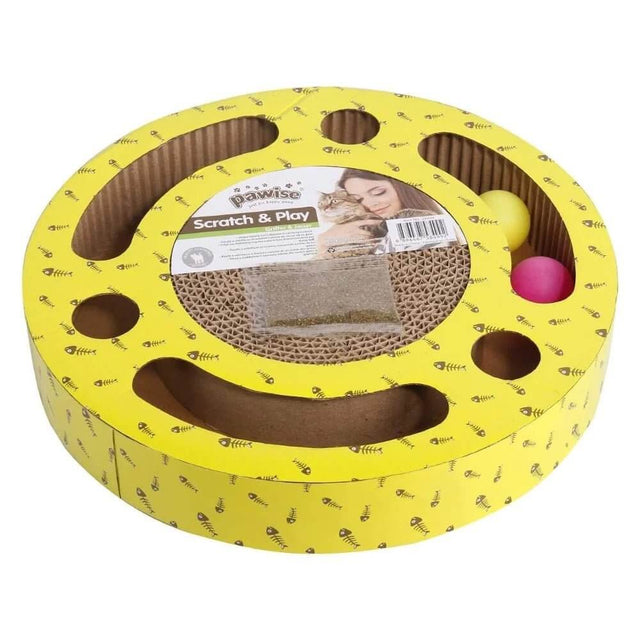 Pawise Round Cat Scratcher with colorful balls and catnip, designed for cat entertainment and engagement. Dimensions 33.5 x 33.5 x 5.5 cm.