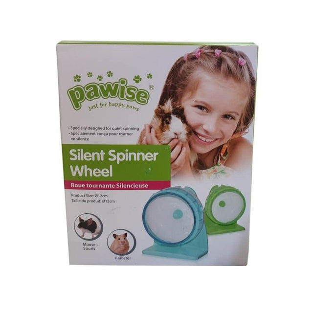 Pawise Silent Spinner Wheel packaging showing a girl with a hamster, designed for quiet exercise for small animals.