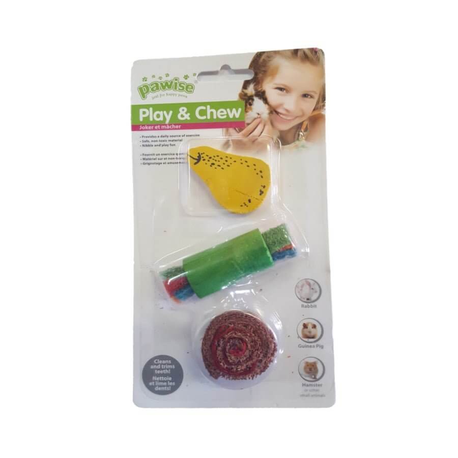 Pawise Small Animal Wood & Loofah Pretty Toys for rodents, including colorful chewable toys for rabbits and guinea pigs.