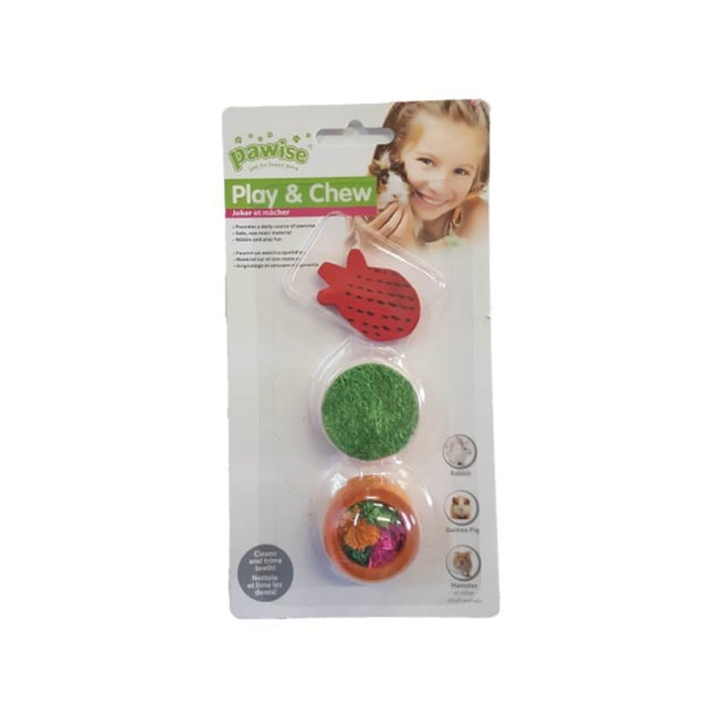 Pawise Small Animal Play & Chew toys for rodents, featuring colorful loofah and wooden elements in packaging.