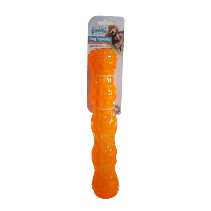 Pawise Squeaky Stick Dog Fetch Toy in bright orange, made from durable thermoplastic rubber, perfect for fetch and chew play.