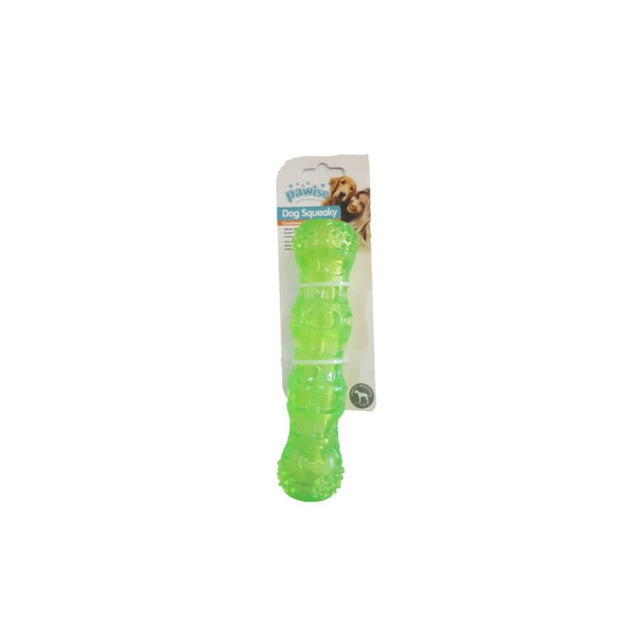 Pawise Squeaky Stick Dog Fetch Toy in bright green packaging, designed for safe and durable play.