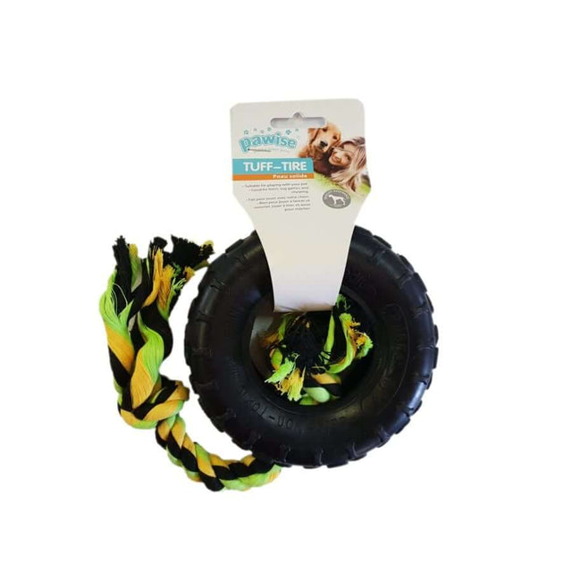 Pawise Tuff Tyre with rope, perfect for larger dogs. Safe rubber and cotton for tugging, chewing, and fetching.