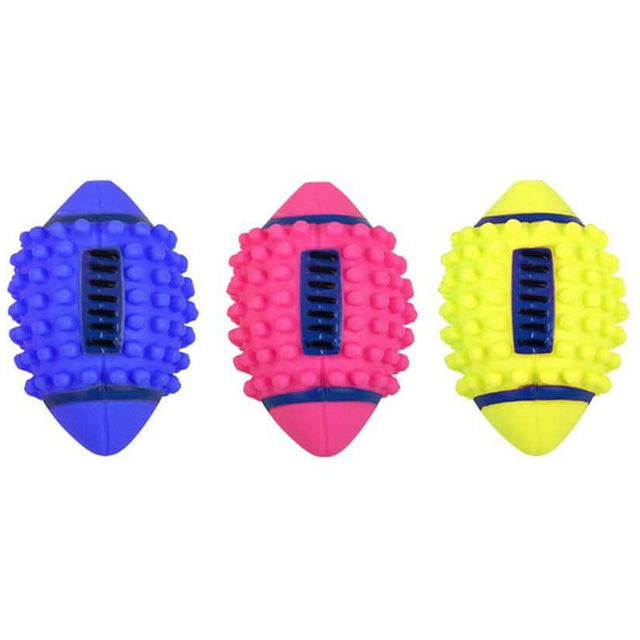 Pawise Vinyl Spiky Football dog toys, assorted colors including blue, pink, and yellow, featuring spiky texture for gum massage.