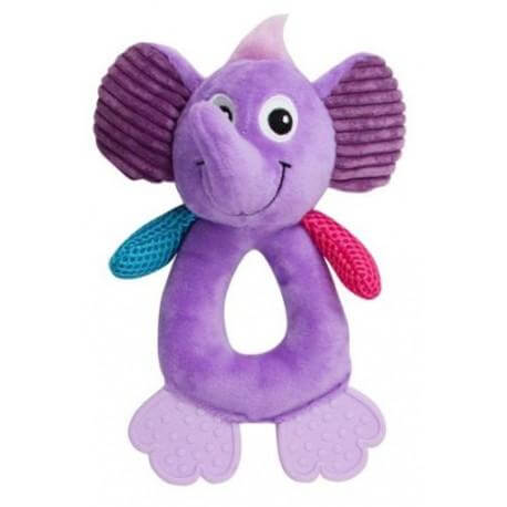Soft purple elephant puppy toy with colorful ears and smiling face, ideal for keeping dogs entertained and engaged.