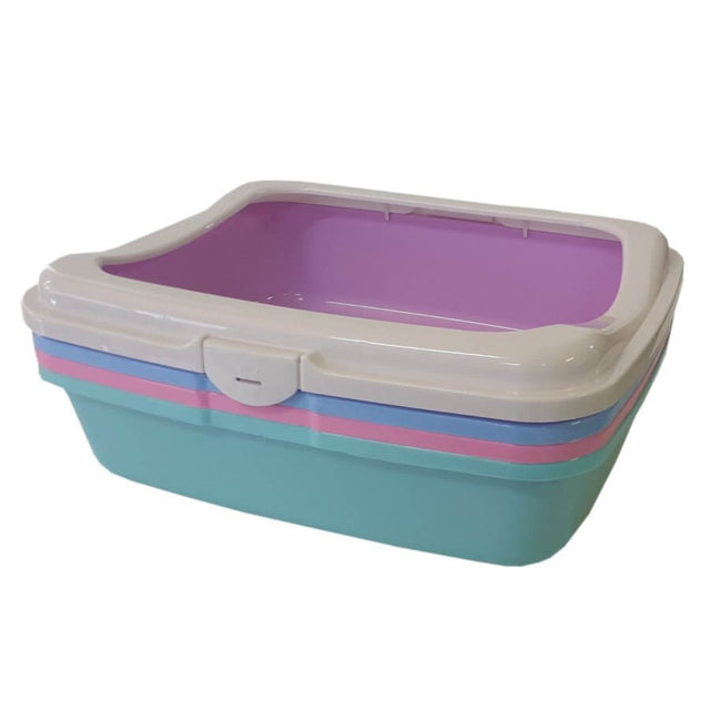 Pawsome Cat Litter Tray with Rim, durable plastic construction in pastel colors for a clean litter experience.