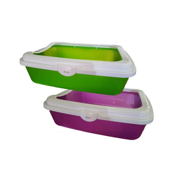 Two colorful cat litter trays, one green and one purple, featuring a durable design with a convenient rim for easy cleaning.