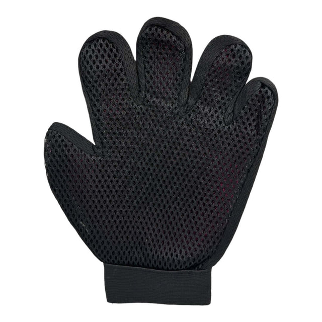 Black pet deshedding hand glove with breathable mesh for easy grooming of dogs and pets.