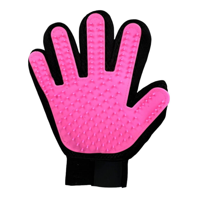 Pet deshedding hand glove in pink and black, featuring flexible rubber bristles for efficient grooming and shedding removal.