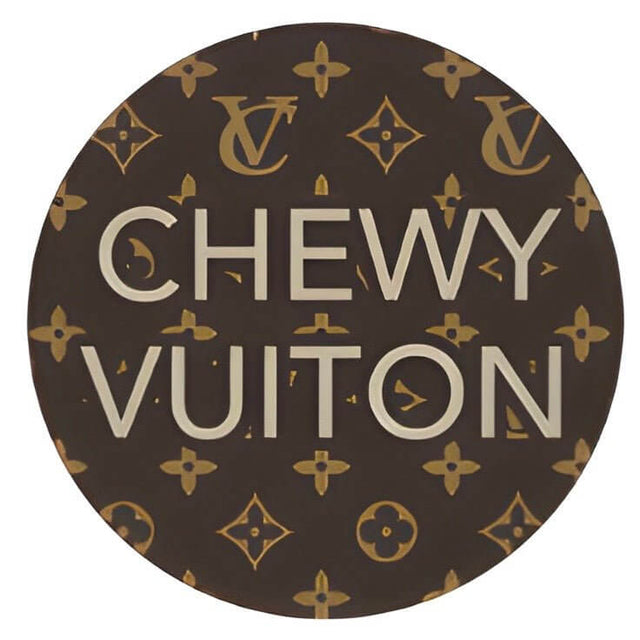 Chewy Vuiton pet ID tag featuring a stylish circular design with a brown background and iconic logos.