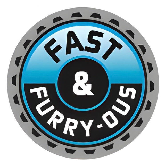 Fast & Furry-Ous pet ID tag design featuring a vibrant blue and black circular logo.