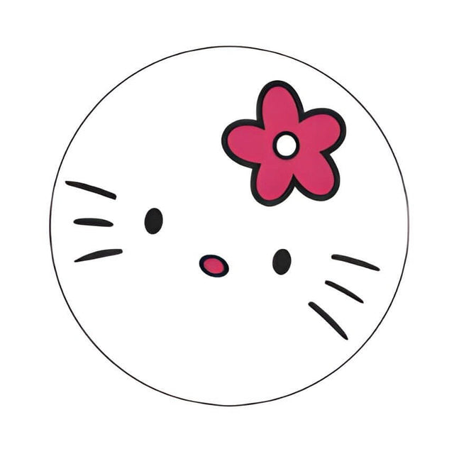 Hello Kitty pet ID tag design featuring a cute face and pink flower on a round white background. Perfect for pet identification.