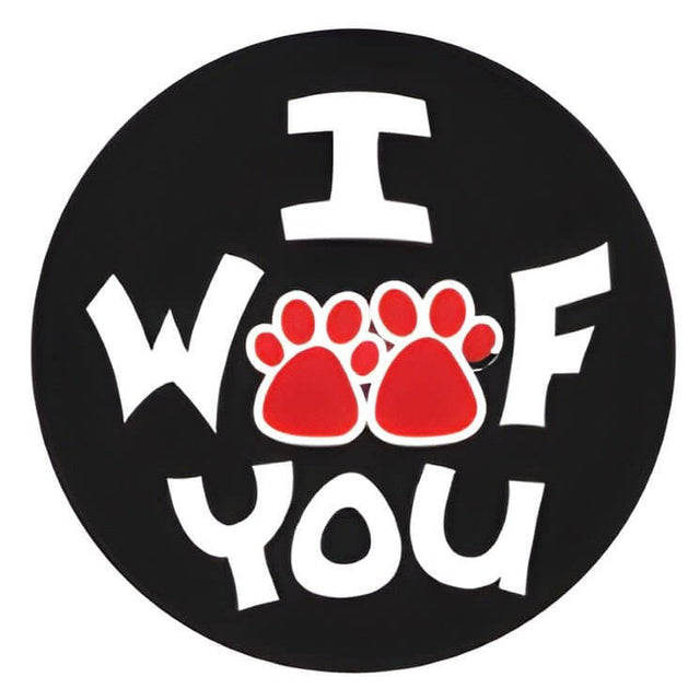 Pet ID Tag featuring 'I Woof You' text and paw prints design, perfect for pet identification and personalization.