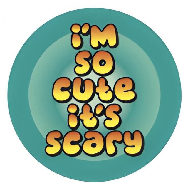 Pet ID tag design featuring the phrase "I'm So Cute It's Scary" on a teal background. Fun and quirky pet accessory.