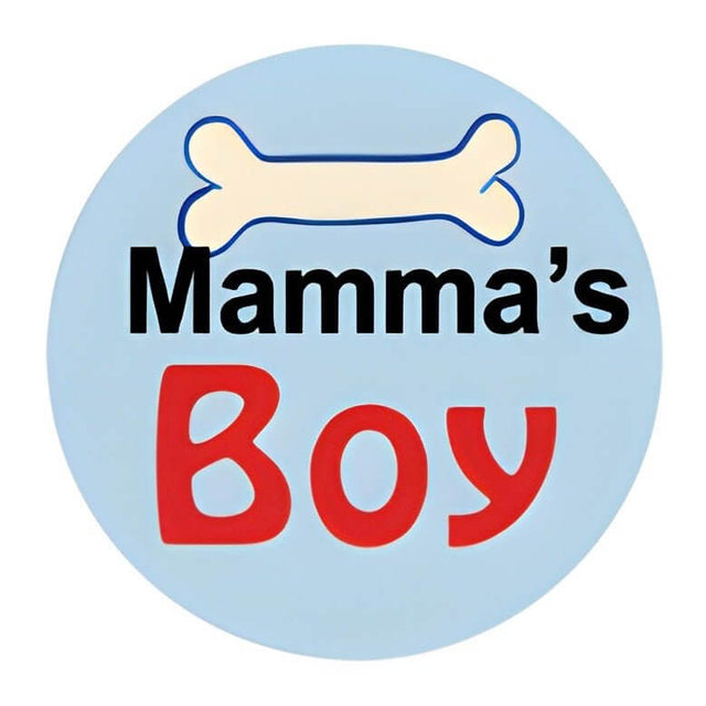 Pet ID Tag with blue background and text "Mamma's Boy" featuring a bone design, ideal for personalizing pet collars.