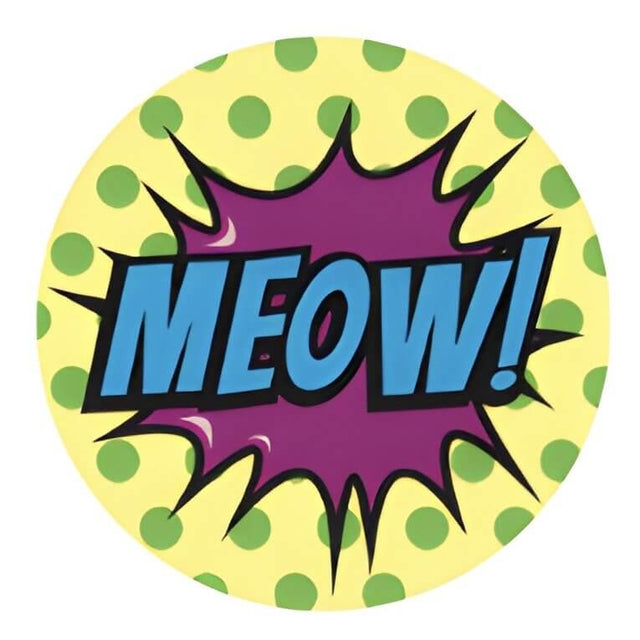 Fun "Meow!" graphic design on a yellow dotted background for pet ID tags.