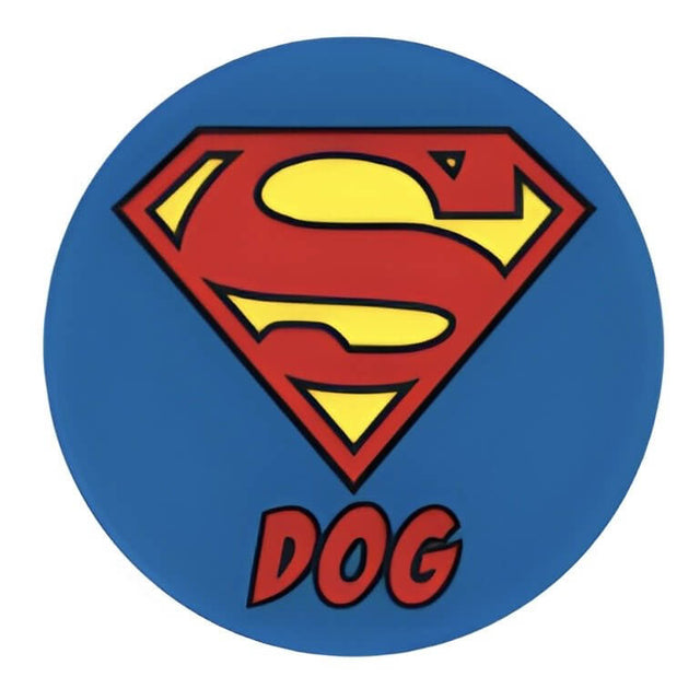 Super Dog ID tag featuring a superhero emblem, perfect for pet identification and showcasing personality.