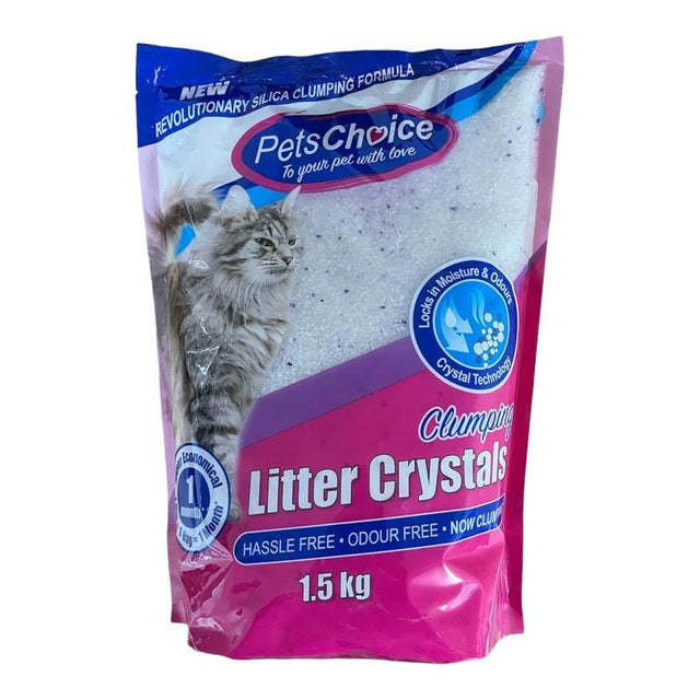Pets Choice Silica Clumping Cat Litter Crystals 1.5kg bag for hassle-free, odour-free cat care and easy scooping.