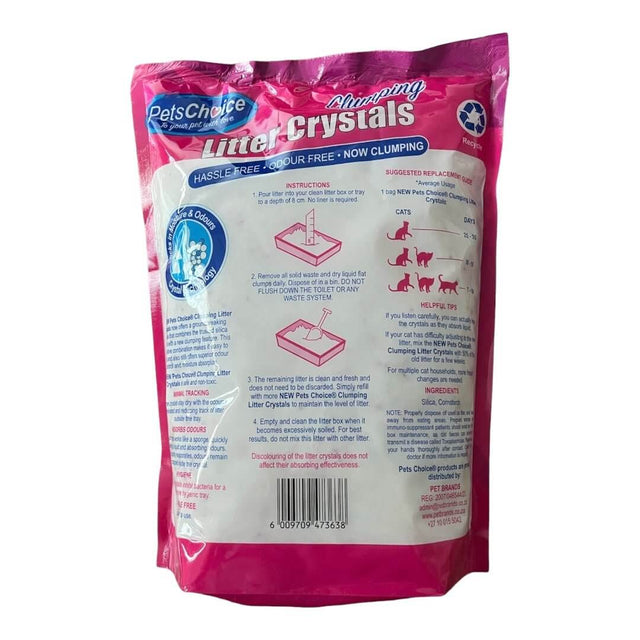 Pets Choice Silica Clumping Cat Litter Crystals 1.8kg packaging with instructions and features for hassle-free cat care.