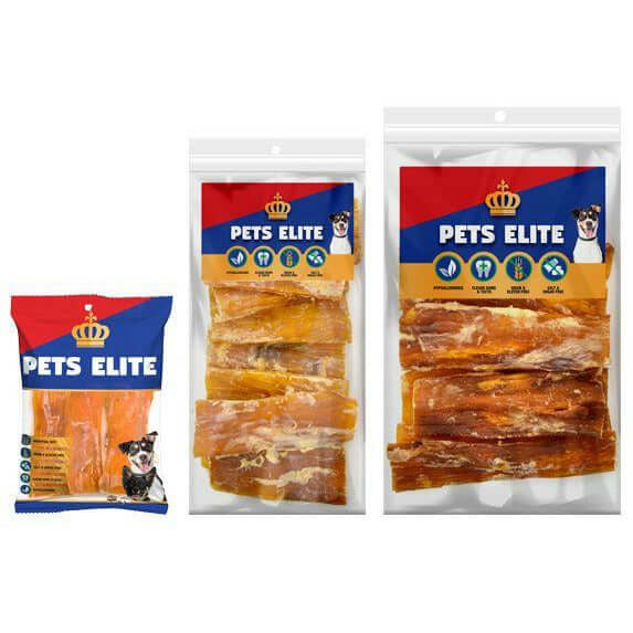 Pets Elite Jerky Flats dog treats in various sizes, showcasing natural beef biltong for chewing pleasure and dental health.
