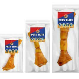 Pets Elite Natural Hide Bones dog treats in various sizes, safely packaged for long-lasting chewing enjoyment.