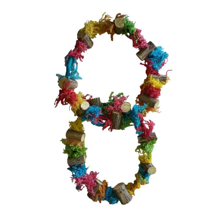Colorful Figure Eight Sekelbos Ring Bird Toy made of natural wood and rope, perfect for bird play and exercise.