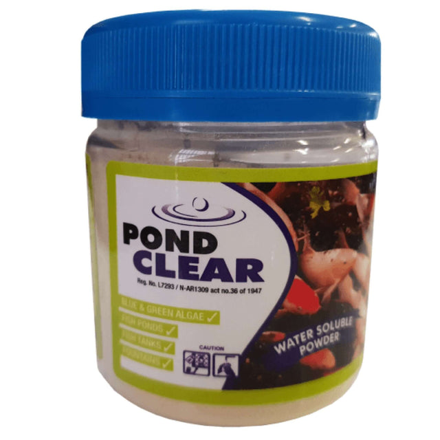 Pond Clear 150g algaecide concentrate in jar, effective against green and blue-green algae for clear pond water.