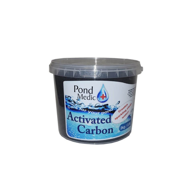 Pond Medic Activated Carbon 2kg container for effective water purification in ponds and aquariums.