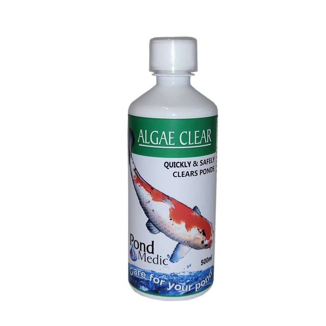 Pond Medic Algae Clear bottle, 500ml, safely clears algae from ponds without harming fish or plants.