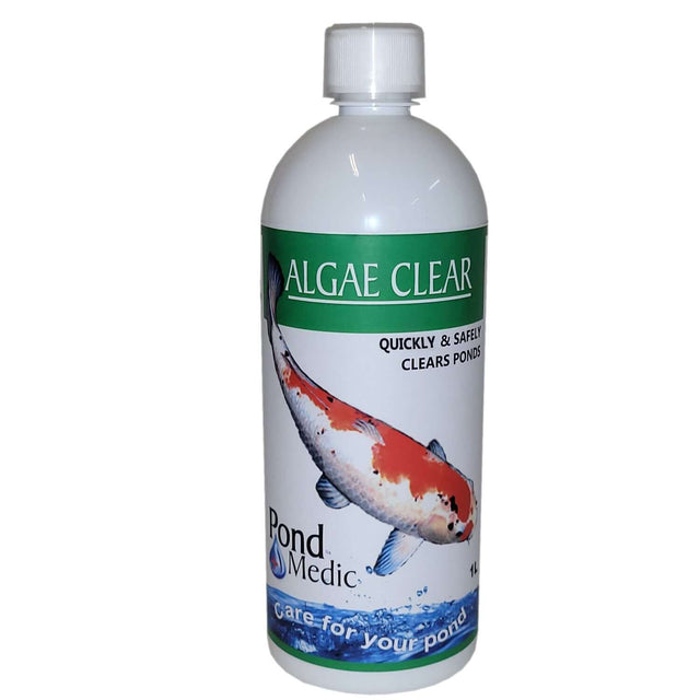 Pond Medic Algae Clear bottle for algae control in fishponds, safe for plants and fish, prevents reoccurrence of algae.